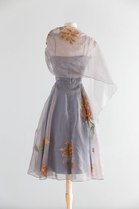 Rare 1950's Betty Higgins Original Hand Painted Silk Organza Hawaiian Cocktail Dress / S
