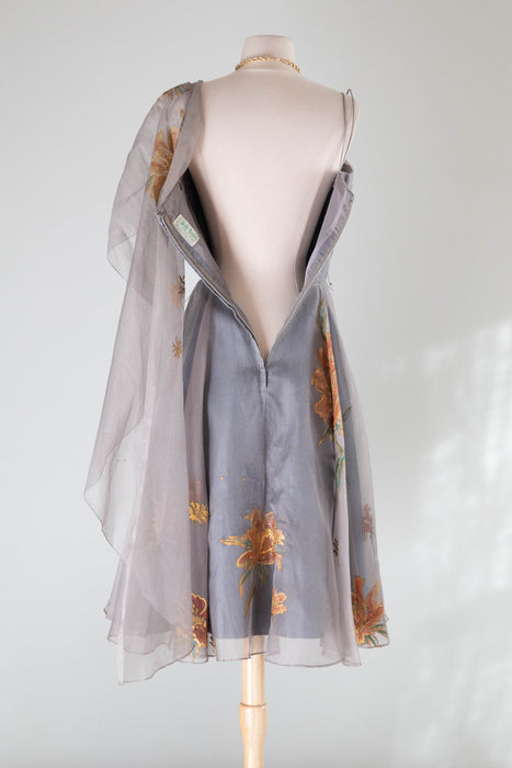 Rare 1950's Betty Higgins Original Hand Painted Silk Organza Hawaiian Cocktail Dress / S