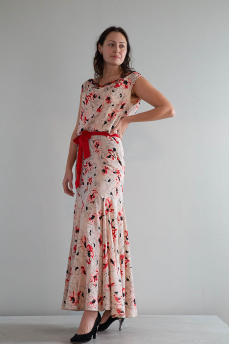 Rare 1930's Silk Bias Cut Gown With Beaded Low Back In a Delicate Poppy Print / SM