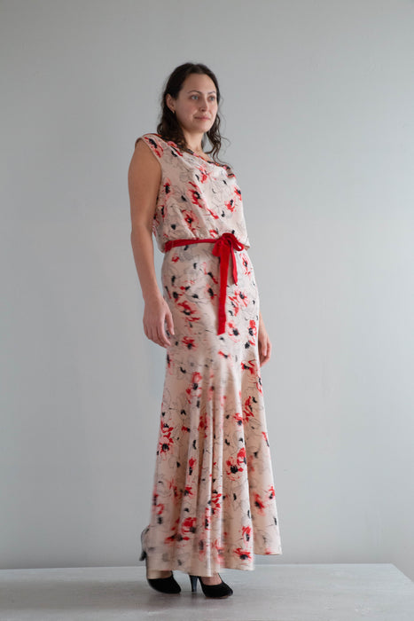 Rare 1930's Silk Bias Cut Gown With Beaded Low Back In a Delicate Poppy Print / SM