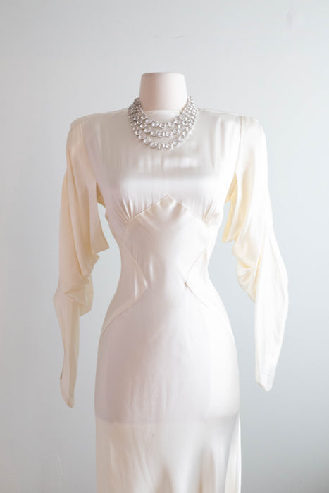 Elegant 1930's Liquid Satin Bias Cut Wedding Gown With Dramatic Sleeves & Hourglass Silhouette / SM