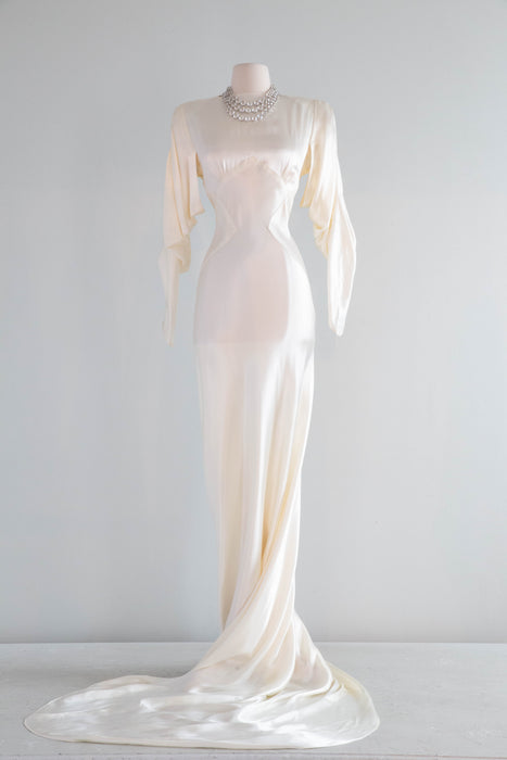 Elegant 1930's Liquid Satin Bias Cut Wedding Gown With Dramatic Sleeves & Hourglass Silhouette / SM