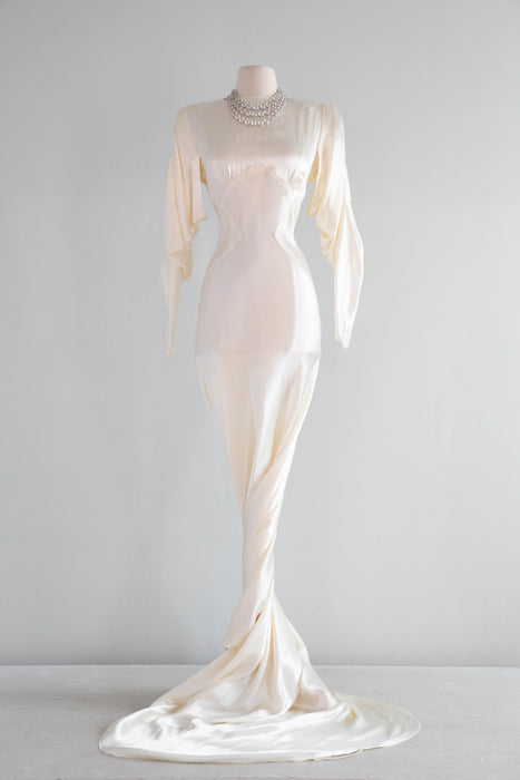 Elegant 1930's Liquid Satin Bias Cut Wedding Gown With Dramatic Sleeves & Hourglass Silhouette / SM