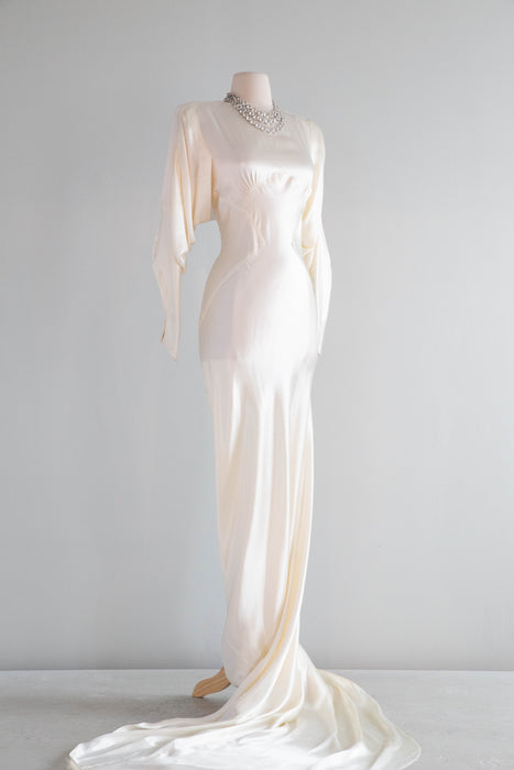 Elegant 1930's Liquid Satin Bias Cut Wedding Gown With Dramatic Sleeves & Hourglass Silhouette / SM