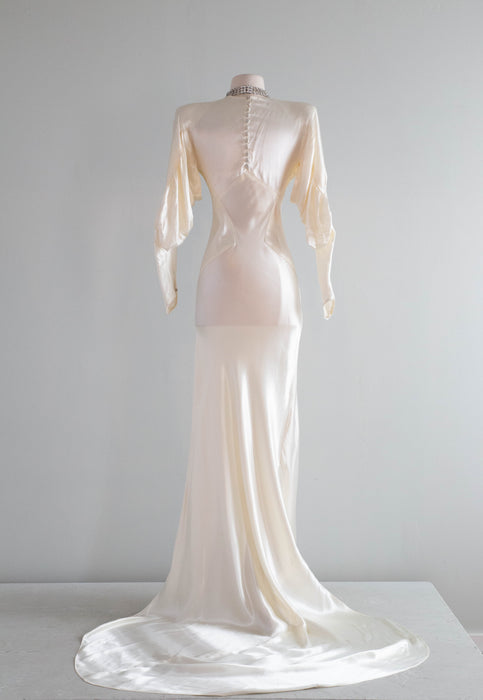 Elegant 1930's Liquid Satin Bias Cut Wedding Gown With Dramatic Sleeves & Hourglass Silhouette / SM