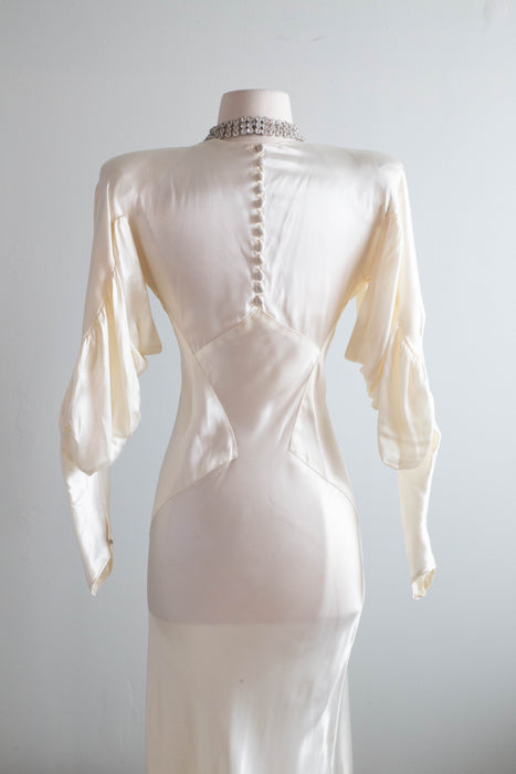 Elegant 1930's Liquid Satin Bias Cut Wedding Gown With Dramatic Sleeves & Hourglass Silhouette / SM