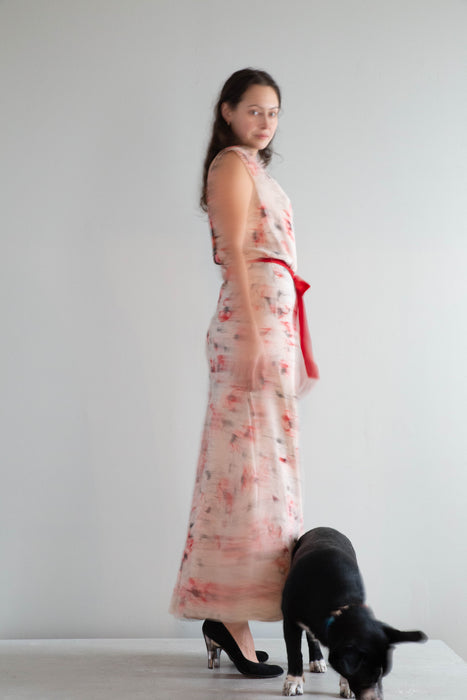 Rare 1930's Silk Bias Cut Gown With Beaded Low Back In a Delicate Poppy Print / SM