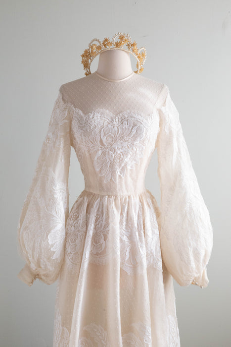 Romantic Vintage Couture Silk Wedding Gown With Bishop Sleeves and French Lace / S