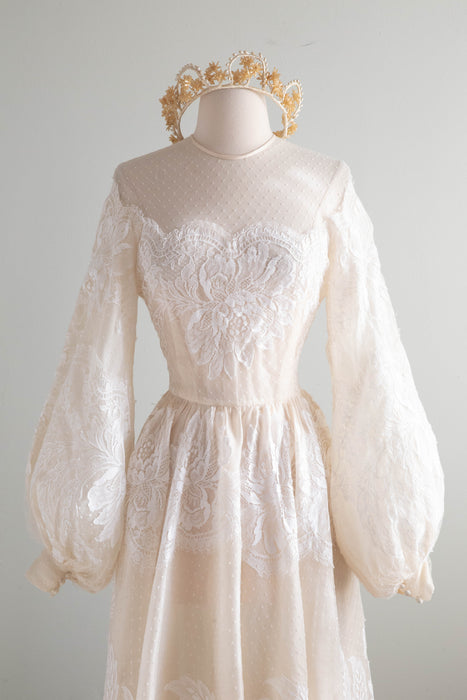 Romantic Vintage Couture Silk Wedding Gown With Bishop Sleeves and French Lace / S