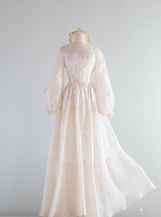 Romantic Vintage Couture Silk Wedding Gown With Bishop Sleeves and French Lace / S