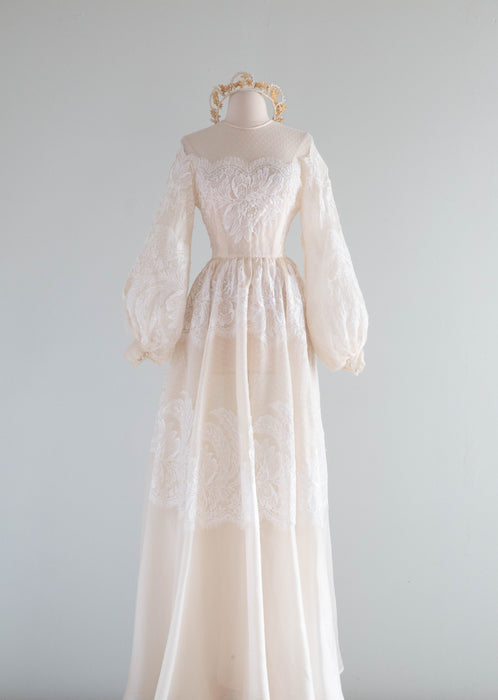 Romantic Vintage Couture Silk Wedding Gown With Bishop Sleeves and French Lace / S