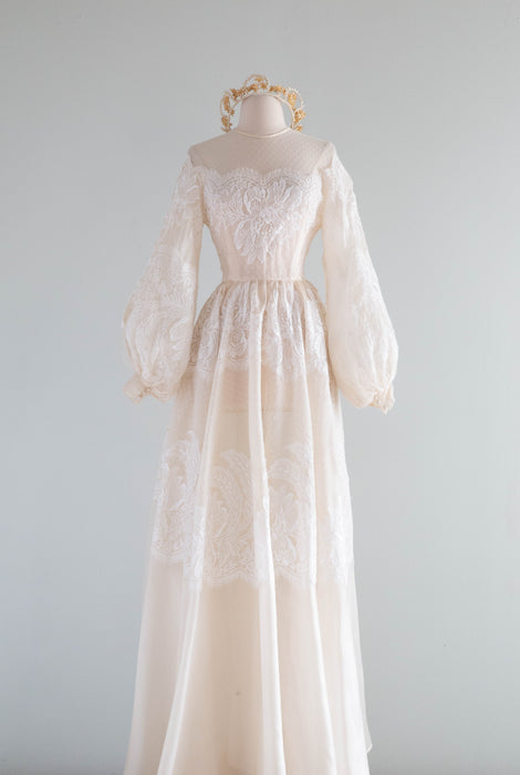 Romantic Vintage Couture Silk Wedding Gown With Bishop Sleeves and French Lace / S