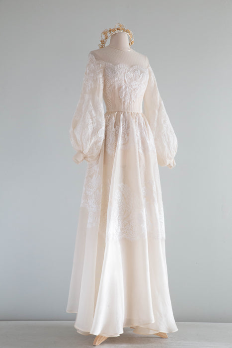 Romantic Vintage Couture Silk Wedding Gown With Bishop Sleeves and French Lace / S