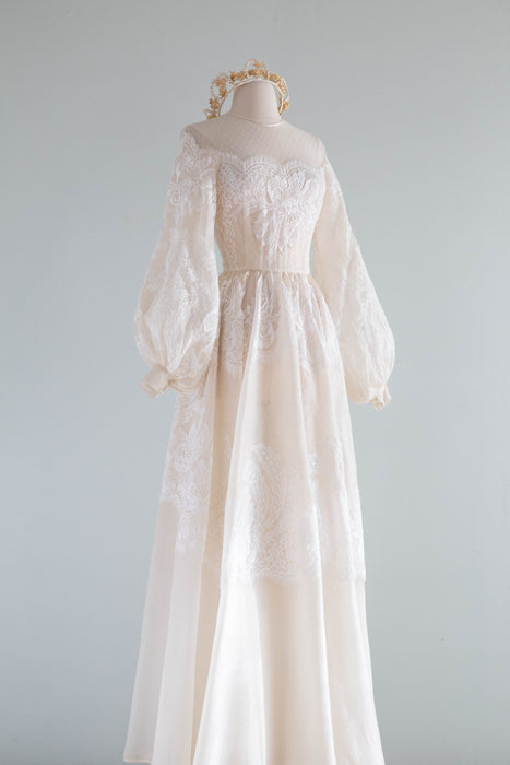 Romantic Vintage Couture Silk Wedding Gown With Bishop Sleeves and French Lace / S