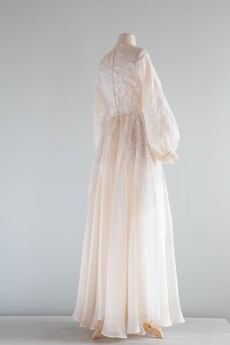 Romantic Vintage Couture Silk Wedding Gown With Bishop Sleeves and French Lace / S