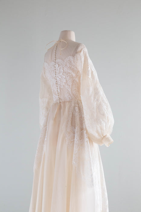 Romantic Vintage Couture Silk Wedding Gown With Bishop Sleeves and French Lace / S