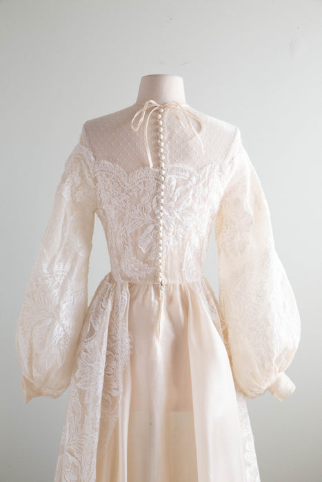 Romantic Vintage Couture Silk Wedding Gown With Bishop Sleeves and French Lace / S