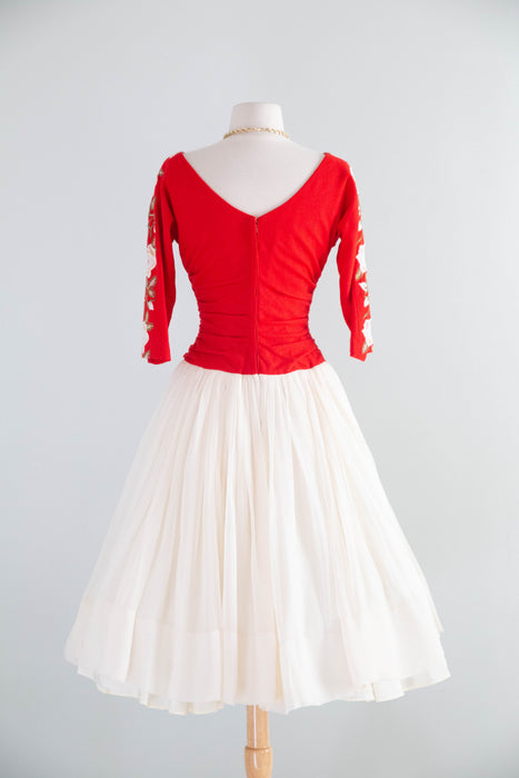 1950's American Beauty Rose Embroidered Party Dress By Claudia Young / Small