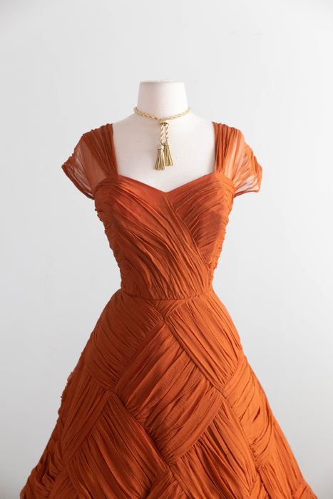 Spectacular 1950's Couture Evening Dress In Amber Basketweave Silk Chiffon / M