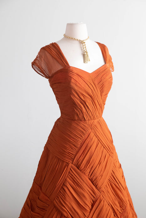 Spectacular 1950's Couture Evening Dress In Amber Basketweave Silk Chiffon / M