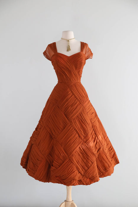 Spectacular 1950's Couture Evening Dress In Amber Basketweave Silk Chiffon / M