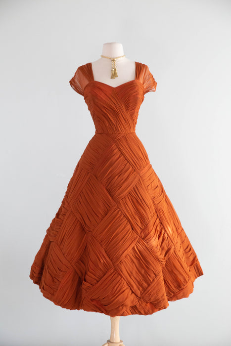 Spectacular 1950's Couture Evening Dress In Amber Basketweave Silk Chiffon / M