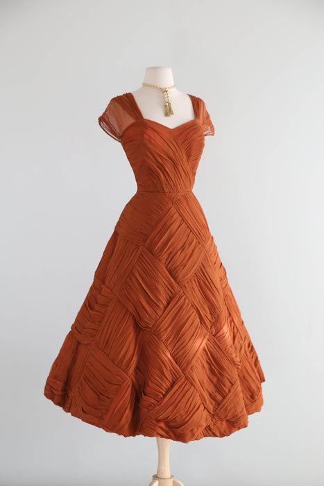 Spectacular 1950's Couture Evening Dress In Amber Basketweave Silk Chiffon / M