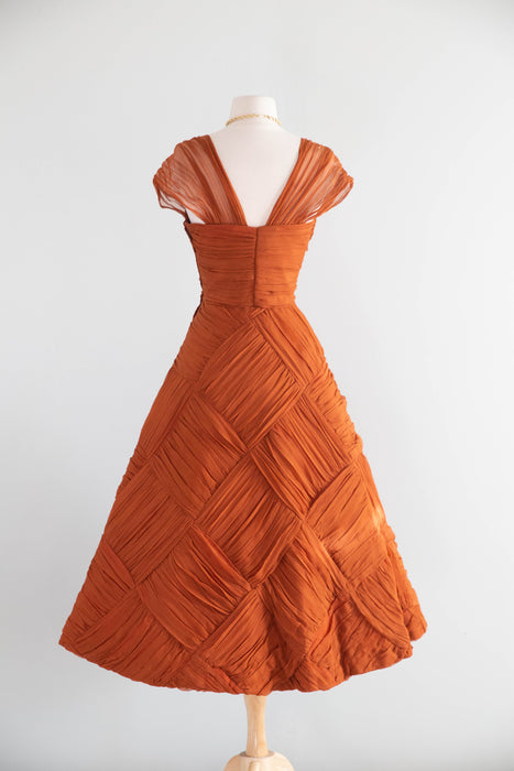 Spectacular 1950's Couture Evening Dress In Amber Basketweave Silk Chiffon / M