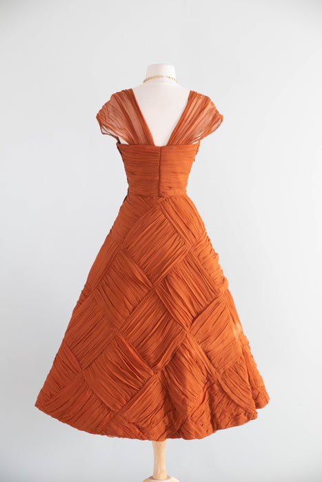Spectacular 1950's Couture Evening Dress In Amber Basketweave Silk Chiffon / M