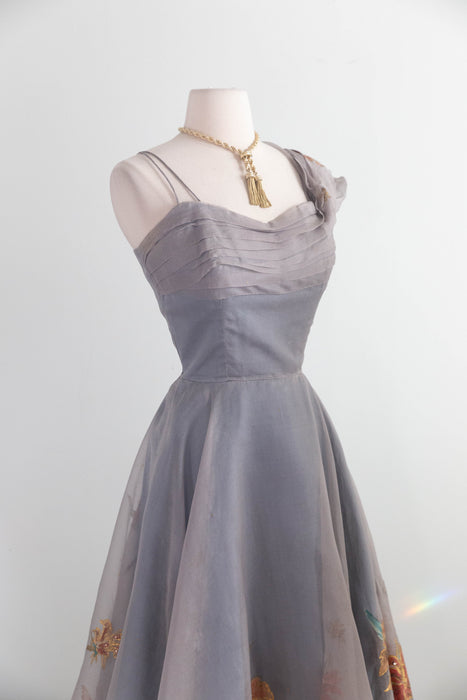 Rare 1950's Betty Higgins Original Hand Painted Silk Organza Hawaiian Cocktail Dress / S