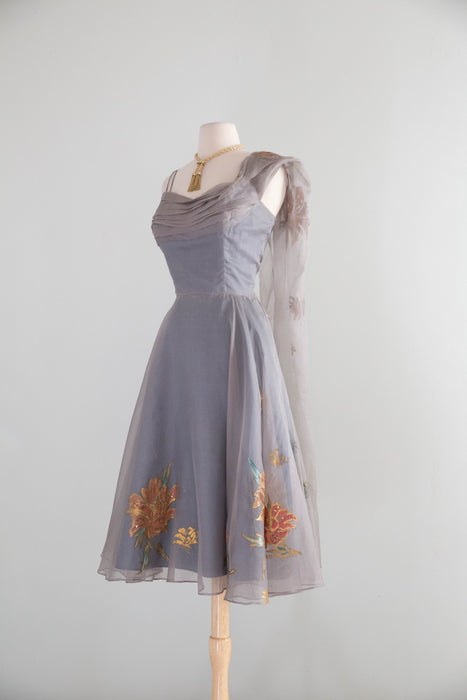 Rare 1950's Betty Higgins Original Hand Painted Silk Organza Hawaiian Cocktail Dress / S