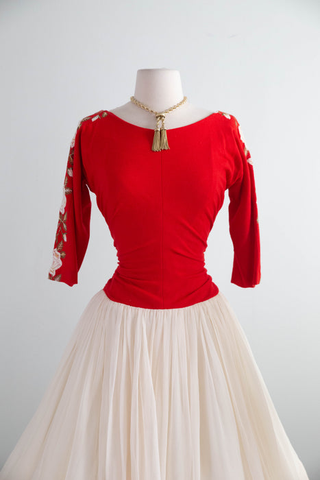 1950's American Beauty Rose Embroidered Party Dress By Claudia Young / Small