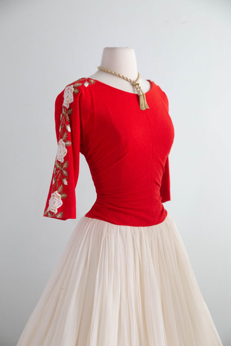 1950's American Beauty Rose Embroidered Party Dress By Claudia Young / Small