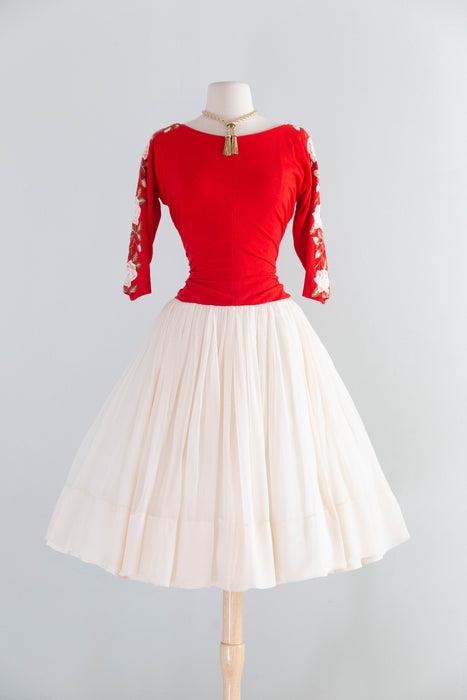 1950's American Beauty Rose Embroidered Party Dress By Claudia Young / Small