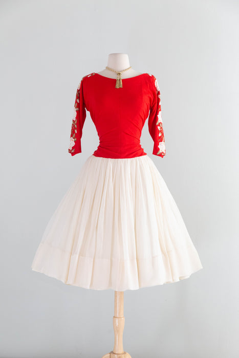 1950's American Beauty Rose Embroidered Party Dress By Claudia Young / Small