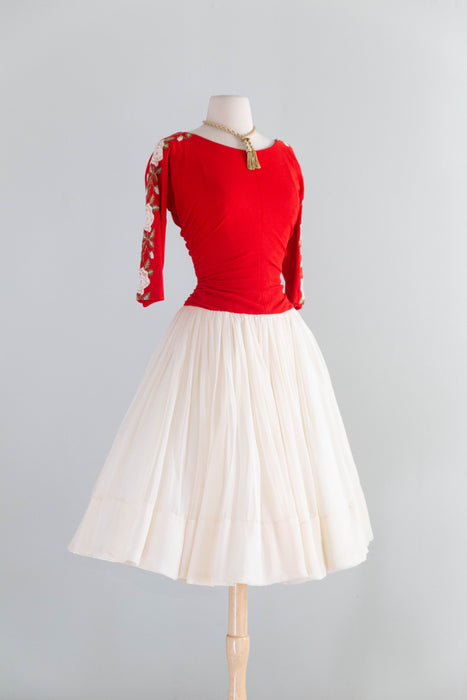 1950's American Beauty Rose Embroidered Party Dress By Claudia Young / Small