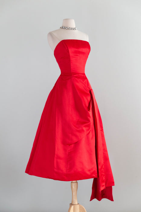 Iconic 1950's Cherry Red Silk Satin Demi Couture Evening Dress By Estevez / S