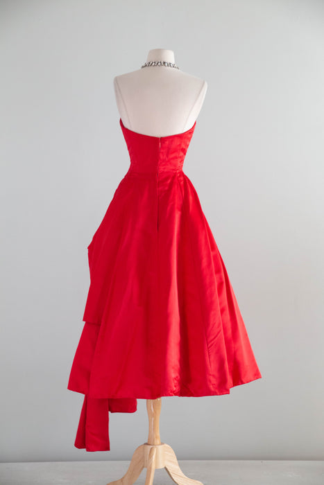 Iconic 1950's Cherry Red Silk Satin Demi Couture Evening Dress By Estevez / S