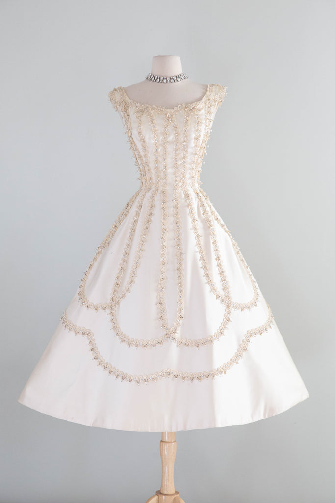 white 50s dress Exquisite 1950's Ivory Satin Party Dress by Ceil Chapman / M – Xtabay  Vintage