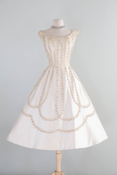Exquisite 1950’s Ivory Satin Party Dress by Ceil Chapman / M