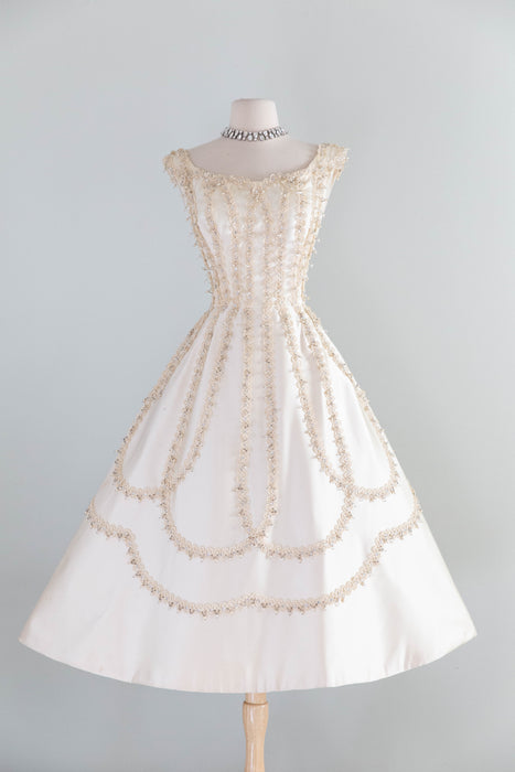 Exquisite 1950’s Ivory Satin Party Dress by Ceil Chapman / M