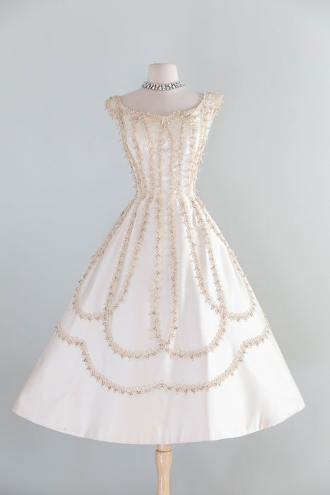 Exquisite 1950's Ivory Satin Party Dress by Ceil Chapman / M – Xtabay Vintage Exquisite 1950's Ivory Satin Party Dress by Ceil Chapman / M – Xtabay Vintage