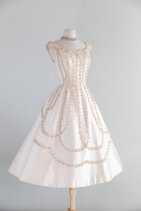 Exquisite 1950’s Ivory Satin Party Dress by Ceil Chapman / M