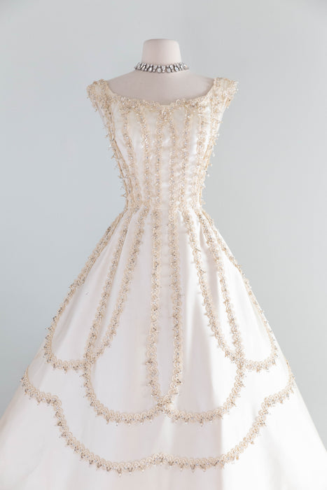 Exquisite 1950’s Ivory Satin Party Dress by Ceil Chapman / M