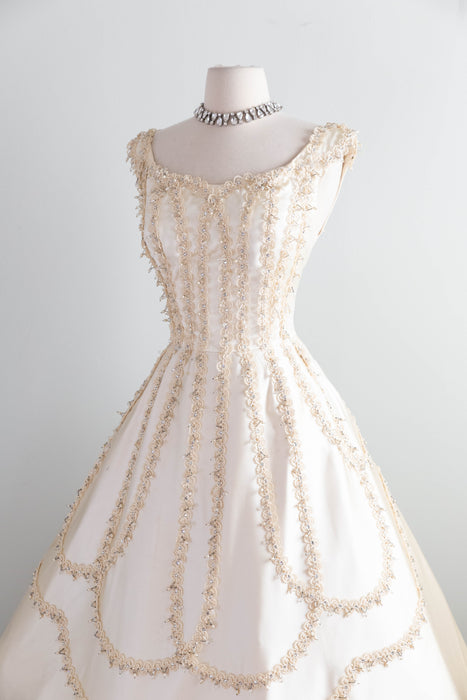Exquisite 1950’s Ivory Satin Party Dress by Ceil Chapman / M