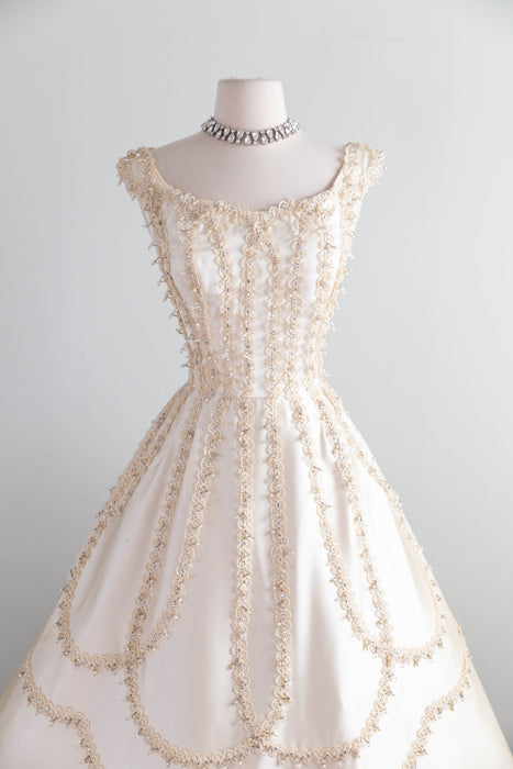 Exquisite 1950’s Ivory Satin Party Dress by Ceil Chapman / M