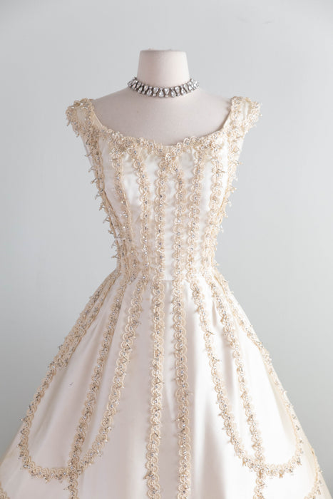Exquisite 1950’s Ivory Satin Party Dress by Ceil Chapman / M