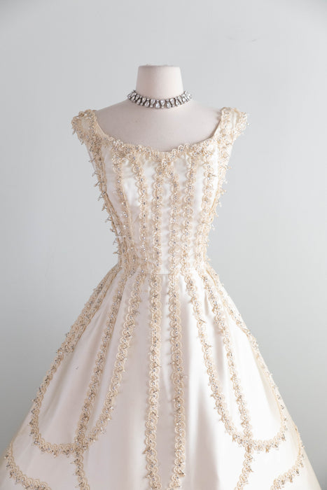 Exquisite 1950’s Ivory Satin Party Dress by Ceil Chapman / M