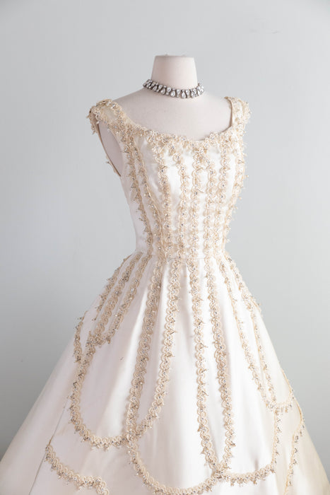 Exquisite 1950’s Ivory Satin Party Dress by Ceil Chapman / M