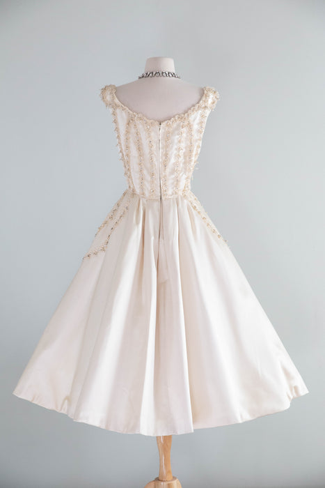 Exquisite 1950’s Ivory Satin Party Dress by Ceil Chapman / M